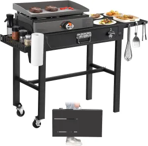 Portable Outdoor Grill Cart Folding Grill Table with Wheels Seasoning Tray Paper Towel Holder BBQ Prep Table Grill & Griddle Stand for Outdoor Cooking Camping Tailgating