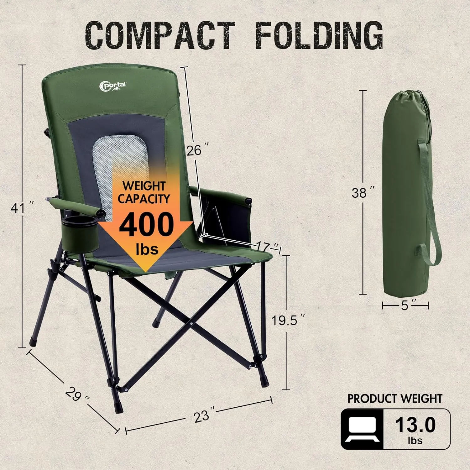 PORTAL Oversized Folding High Back Portable Lawn Chairs for Adults Outdoor Camp Sports Hunting Fishing Backyard with Hard Armrest Cup Holder Carrying Strap, Supports 400LBS, Green