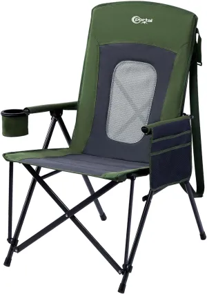 PORTAL Oversized Folding High Back Portable Lawn Chairs for Adults Outdoor Camp Sports Hunting Fishing Backyard with Hard Armrest Cup Holder Carrying Strap, Supports 400LBS, Green