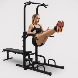 Power Tower with Adjustable Height, Bench, Pull-Up Bar, Dip Station, Multi-Function Fitness Rack, Heavy Duty Iron Frame, Supports 440 lbs, Black