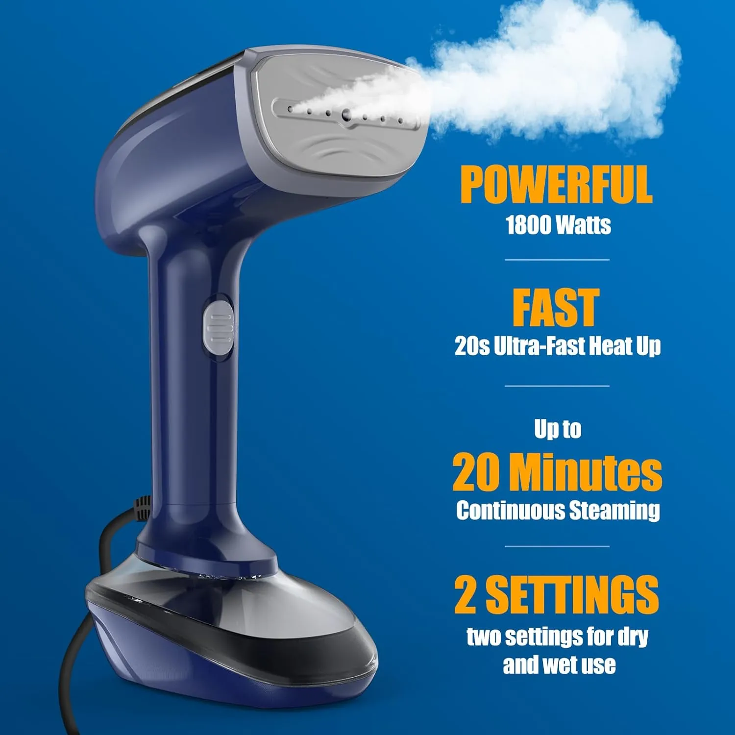 Powerful Handheld Fabric Steamer - 1800W with Fast Ceramic Heat-Up Plate, 2-in-1 Ironing & Wrinkle Remover, Steam Nozzle, Lint Brush - Blue, for US 120V Only