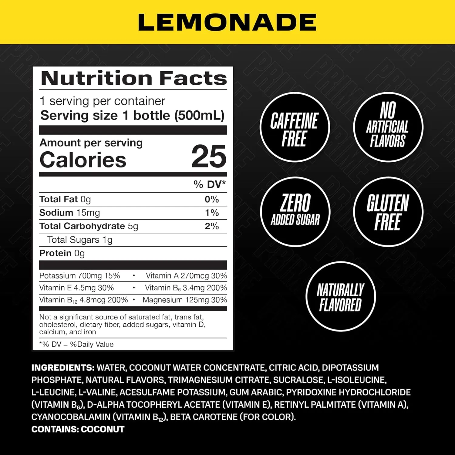 PRIME Hydration LEMONADE | Sports Drinks | Electrolyte Enhanced for Ultimate Hydration | 250mg BCAAs | B Vitamins | Antioxidants | 2g Of Sugar | 16.9 Fluid Ounce | 12 Pack