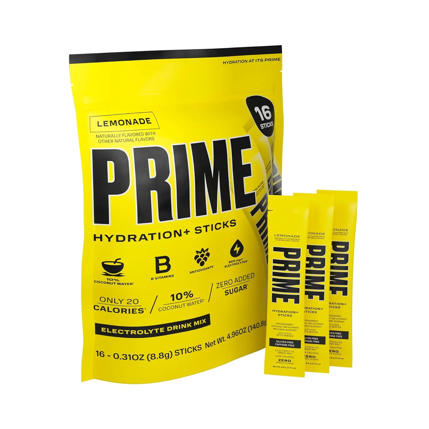 PRIME HYDRATION  Sticks Lemonade | Hydration Powder Single Serve Sticks | Electrolyte Powder On The Go | Low Sugar | Caffeine-Free | Vegan | 16 Sticks