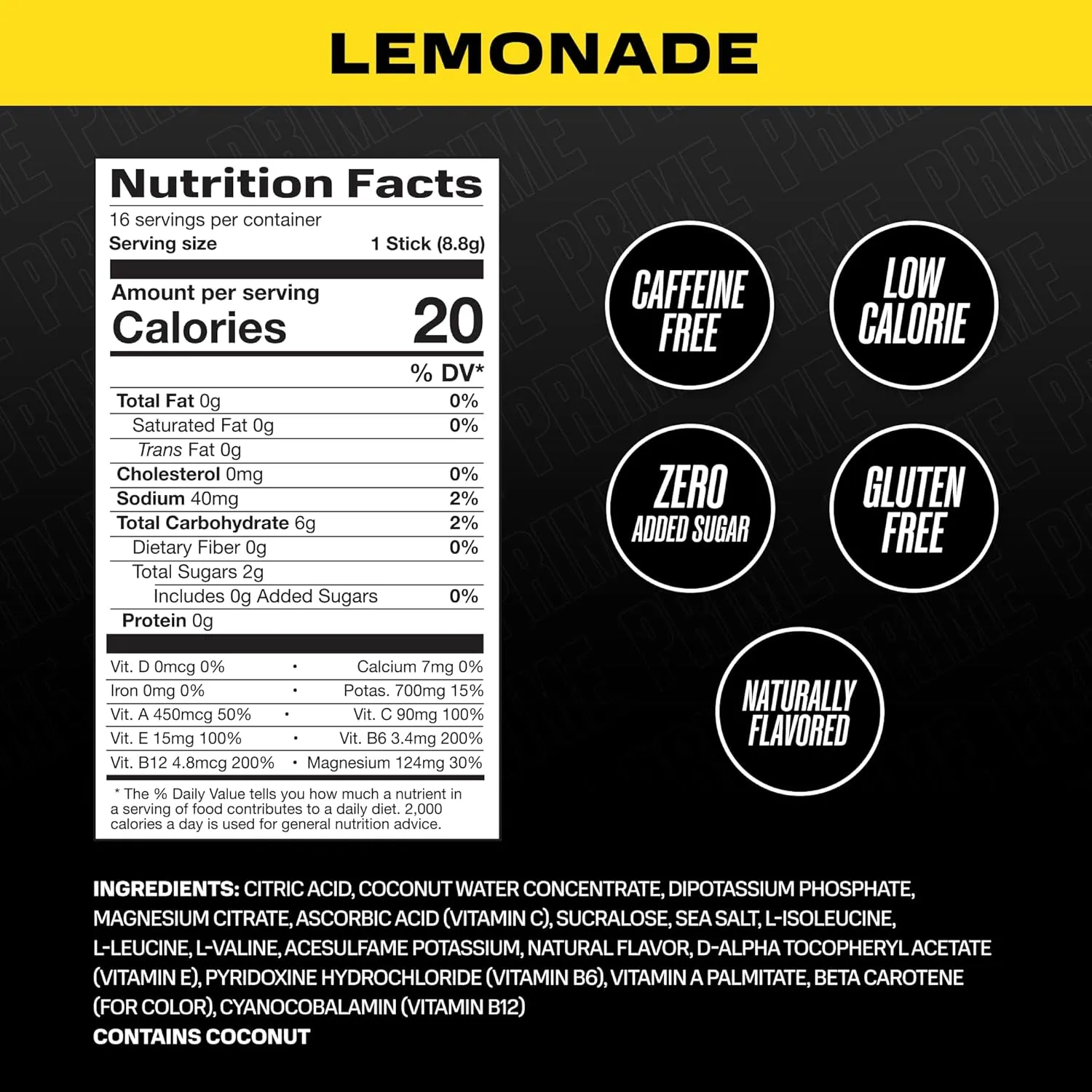PRIME HYDRATION  Sticks Lemonade | Hydration Powder Single Serve Sticks | Electrolyte Powder On The Go | Low Sugar | Caffeine-Free | Vegan | 16 Sticks