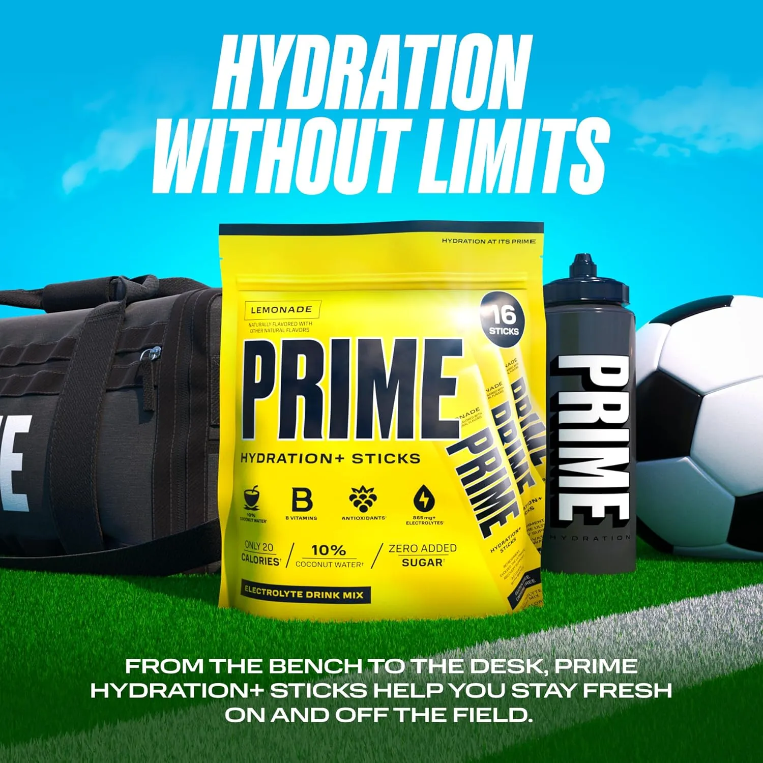 PRIME HYDRATION  Sticks Lemonade | Hydration Powder Single Serve Sticks | Electrolyte Powder On The Go | Low Sugar | Caffeine-Free | Vegan | 16 Sticks