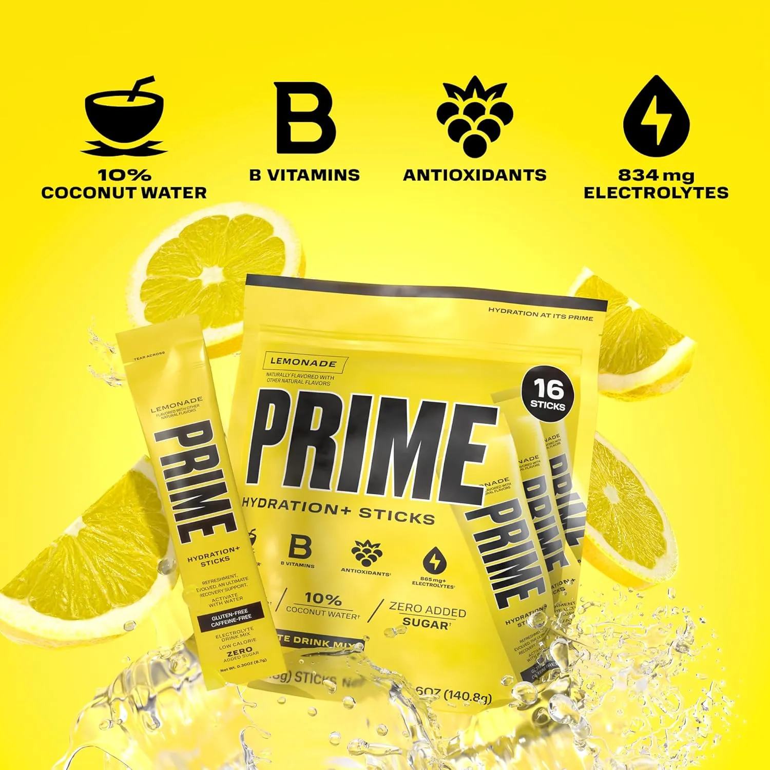 PRIME HYDRATION  Sticks Lemonade | Hydration Powder Single Serve Sticks | Electrolyte Powder On The Go | Low Sugar | Caffeine-Free | Vegan | 16 Sticks