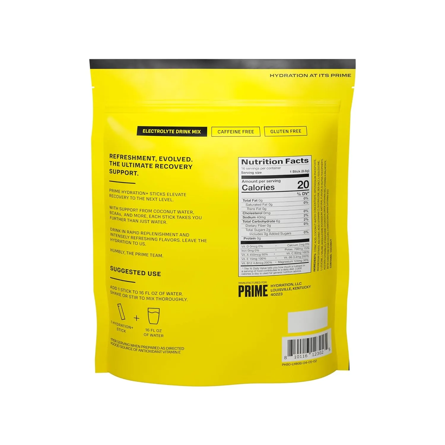 PRIME HYDRATION  Sticks Lemonade | Hydration Powder Single Serve Sticks | Electrolyte Powder On The Go | Low Sugar | Caffeine-Free | Vegan | 16 Sticks