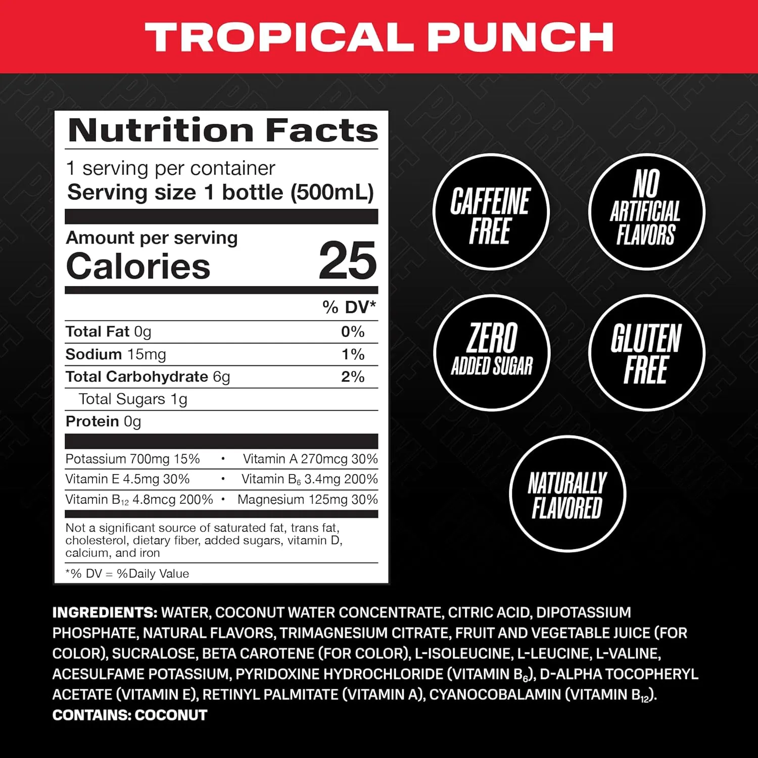 PRIME Hydration TROPICAL PUNCH | Sports Drinks | Electrolyte Enhanced for Ultimate Hydration | 250mg BCAAs | B Vitamins | Antioxidants | 2g Of Sugar | 16.9 Fluid Ounce | 12 Pack