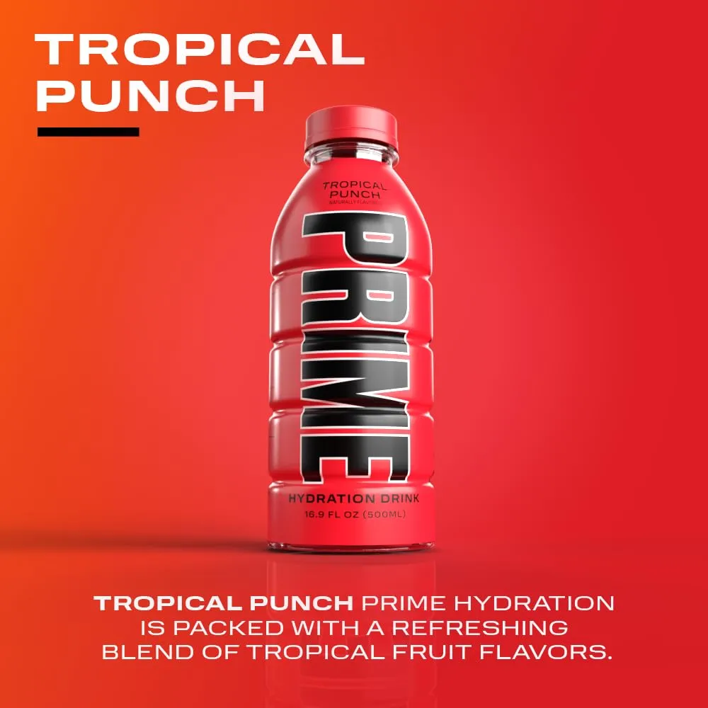 PRIME Hydration TROPICAL PUNCH | Sports Drinks | Electrolyte Enhanced for Ultimate Hydration | 250mg BCAAs | B Vitamins | Antioxidants | 2g Of Sugar | 16.9 Fluid Ounce | 12 Pack