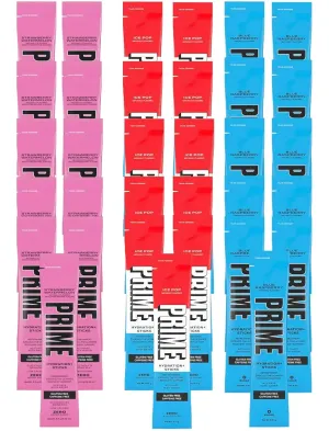 Prime Hydration  Variety Pack - ICE POP, BLUE RASPBERRY, STRAWBERRY WATERMELON | Electrolyte Drink Mix | Easy Open Single-Serving Sticks | Caffeine Free, Gluten Free (30 Count Assortment)