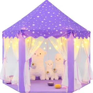 Princess Tent for Girls Age 4-7, Purple Princess Castle Playhouse with Star Lights, 55x53 inch