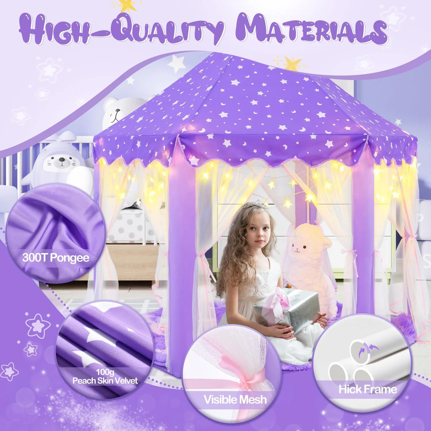 Princess Tent for Girls Age 4-7, Purple Princess Castle Playhouse with Star Lights, 55x53 inch