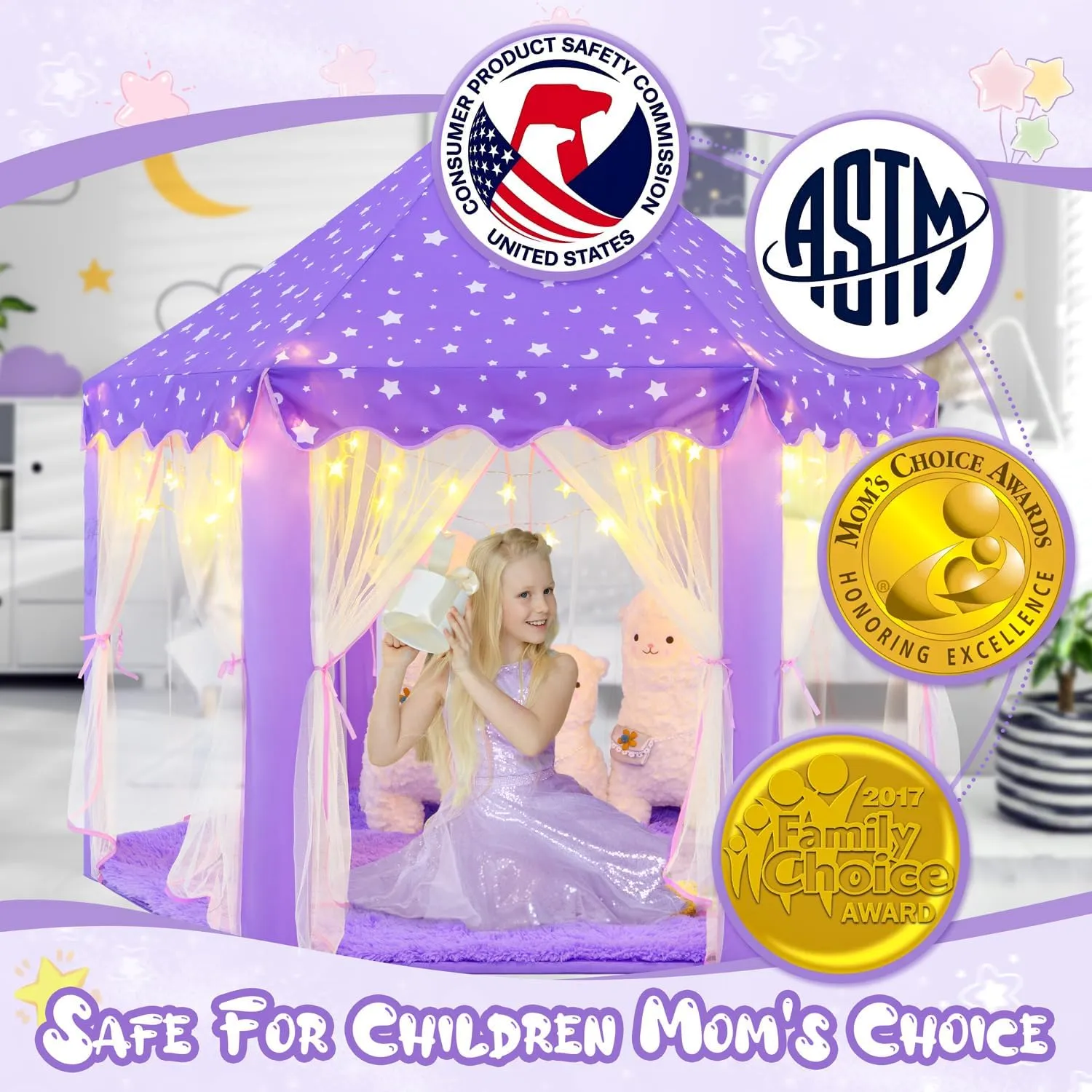 Princess Tent for Girls Age 4-7, Purple Princess Castle Playhouse with Star Lights, 55x53 inch