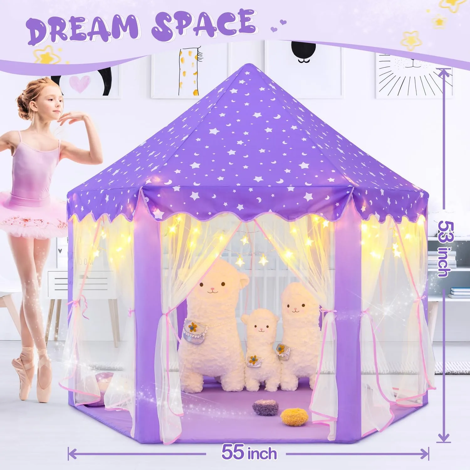 Princess Tent for Girls Age 4-7, Purple Princess Castle Playhouse with Star Lights, 55x53 inch