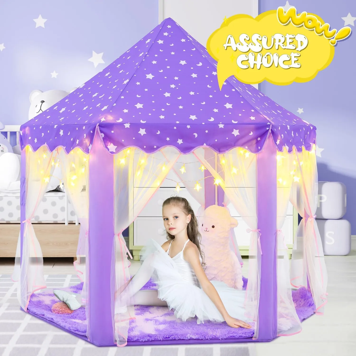 Princess Tent for Girls Age 4-7, Purple Princess Castle Playhouse with Star Lights, 55x53 inch