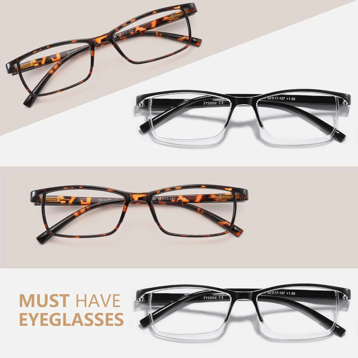 Przene Reading Glasses for Men Women Blue Light Blocking Readers Spring Hinges Lightweight Style Pack