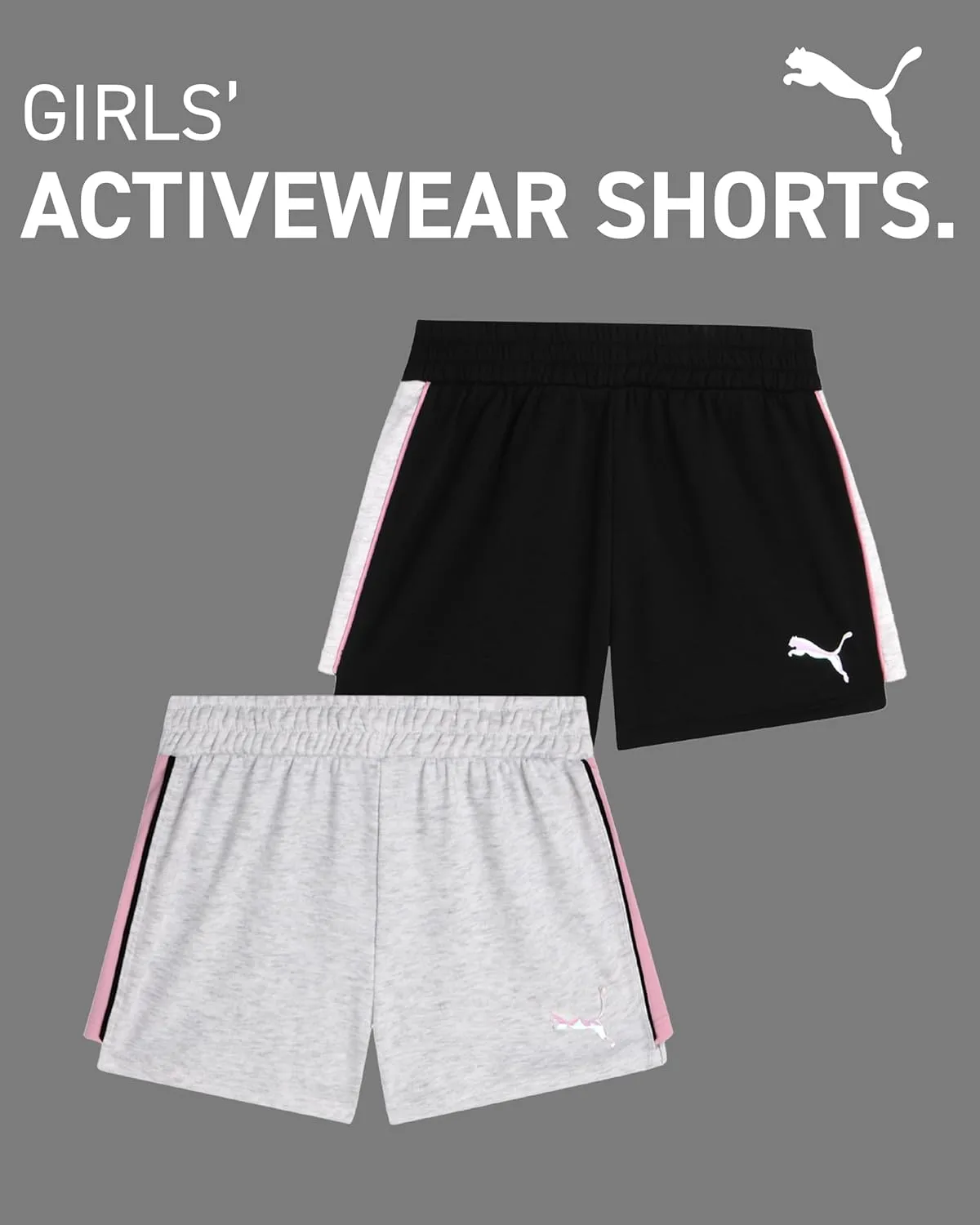 PUMA Girls' Athletic Shorts - 2 Pack Lightweight Performance Cotton French Terry Activewear Shorts (Sizes: 7-16)