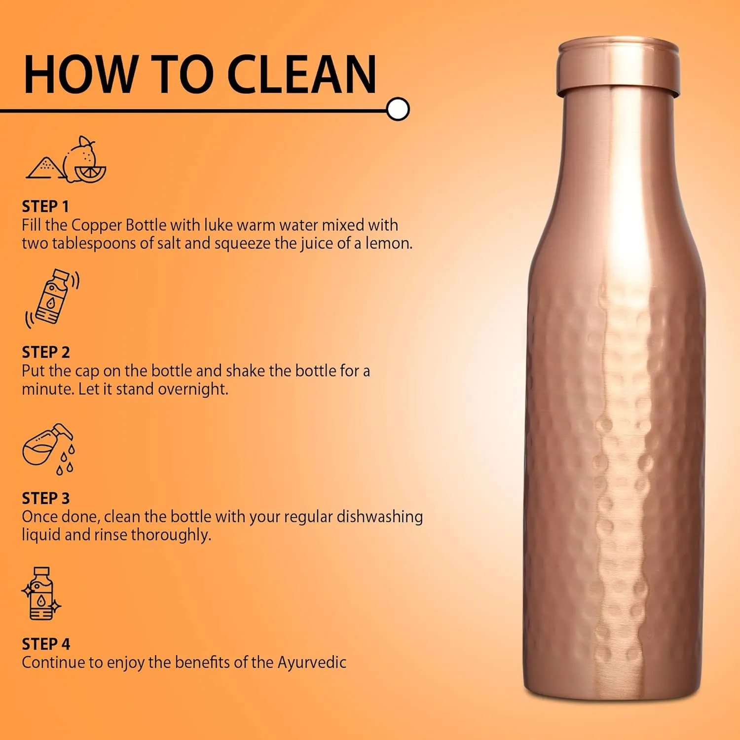 Pure Copper Water Bottle - 950 ML, Hammered Shine Finish, Ideal for Drinkware & Storage, Pack of 1 (Hammered Design 3)