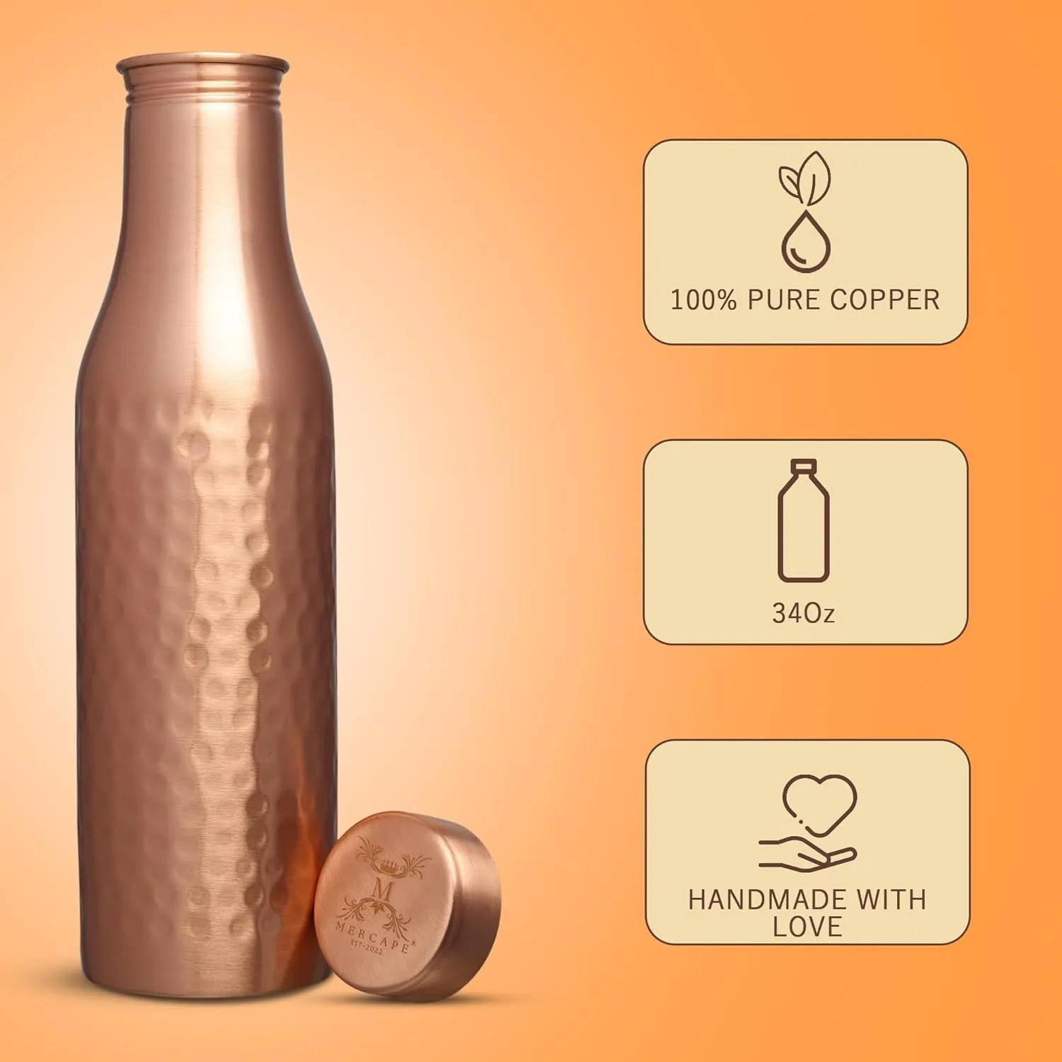 Pure Copper Water Bottle - 950 ML, Hammered Shine Finish, Ideal for Drinkware & Storage, Pack of 1 (Hammered Design 3)