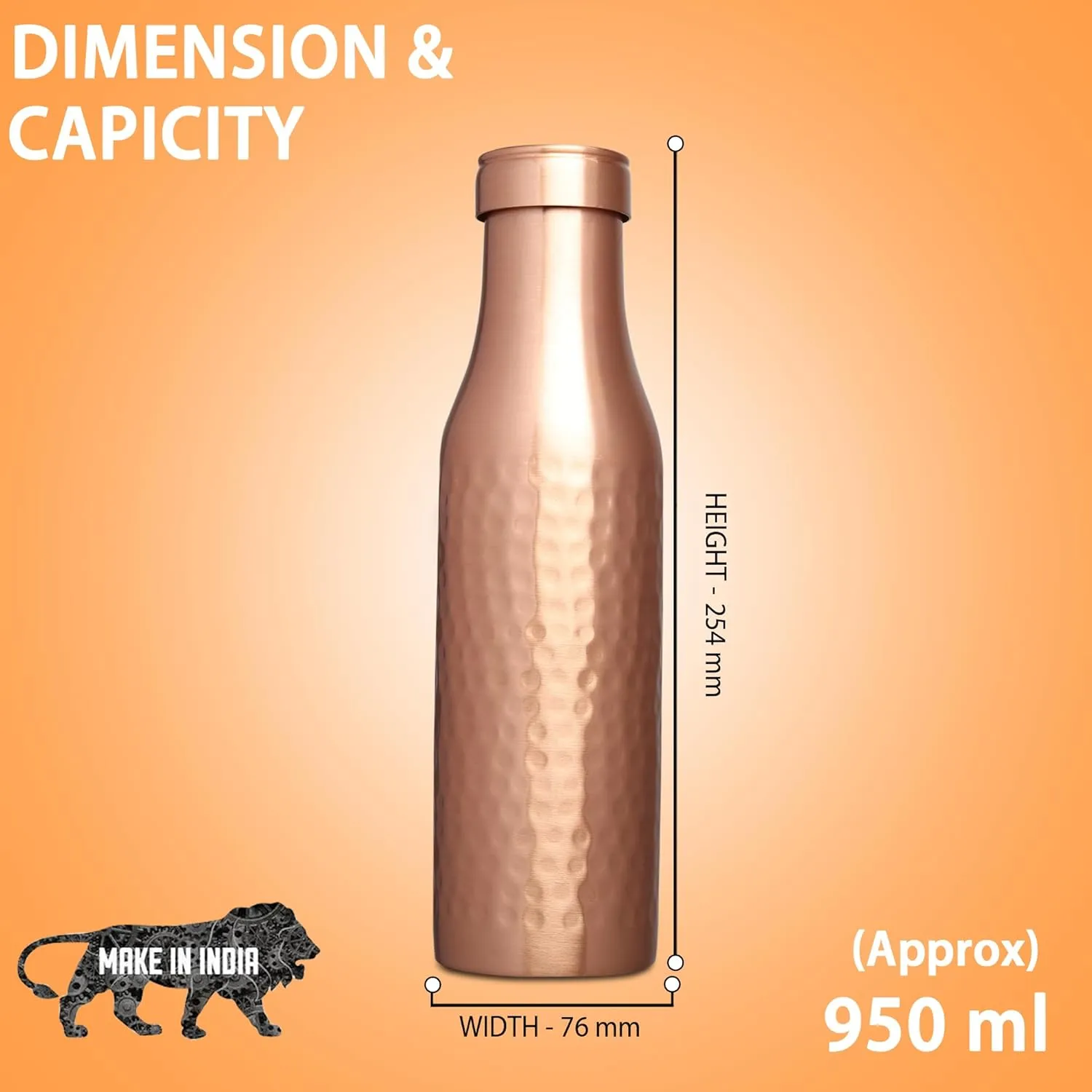 Pure Copper Water Bottle - 950 ML, Hammered Shine Finish, Ideal for Drinkware & Storage, Pack of 1 (Hammered Design 3)