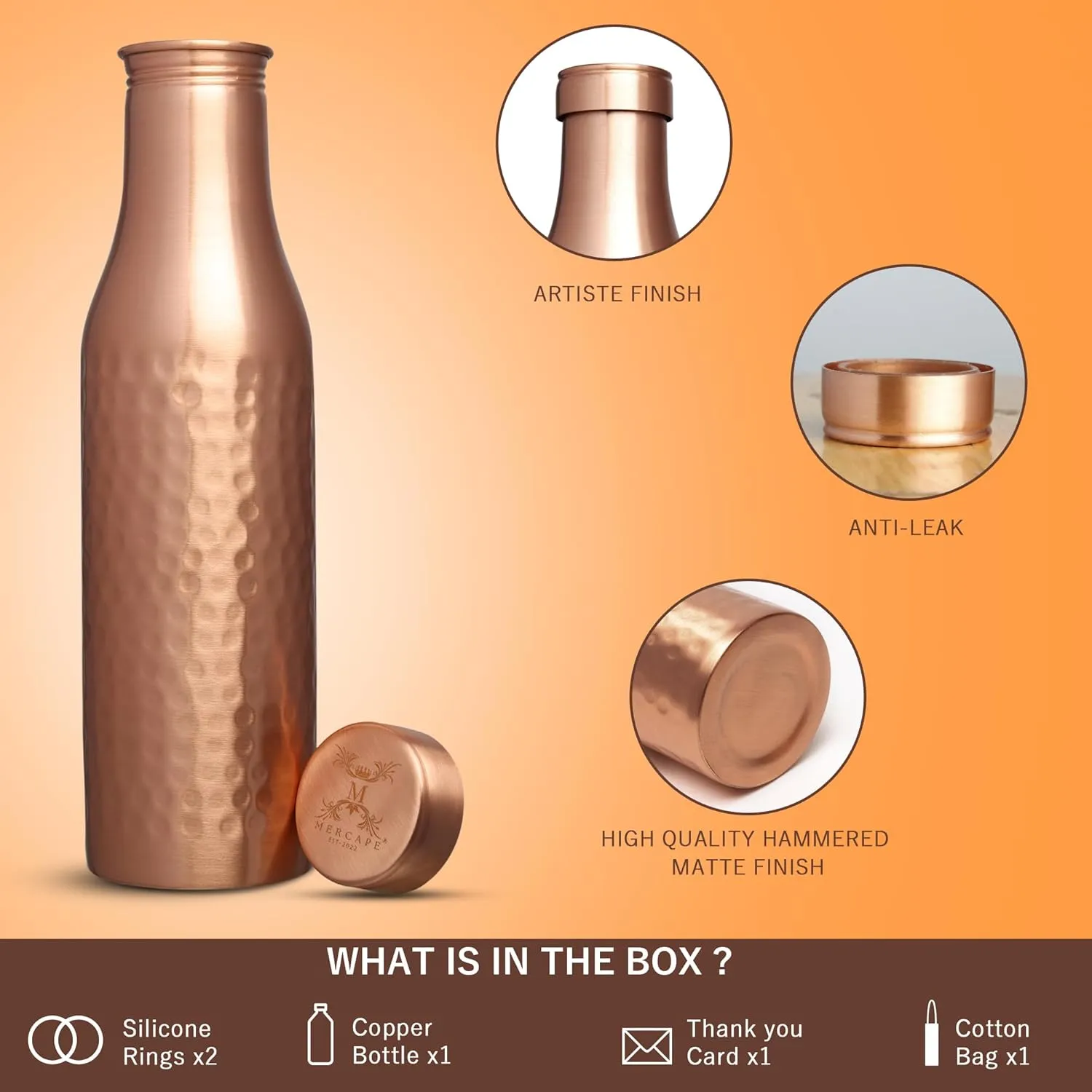 Pure Copper Water Bottle - 950 ML, Hammered Shine Finish, Ideal for Drinkware & Storage, Pack of 1 (Hammered Design 3)