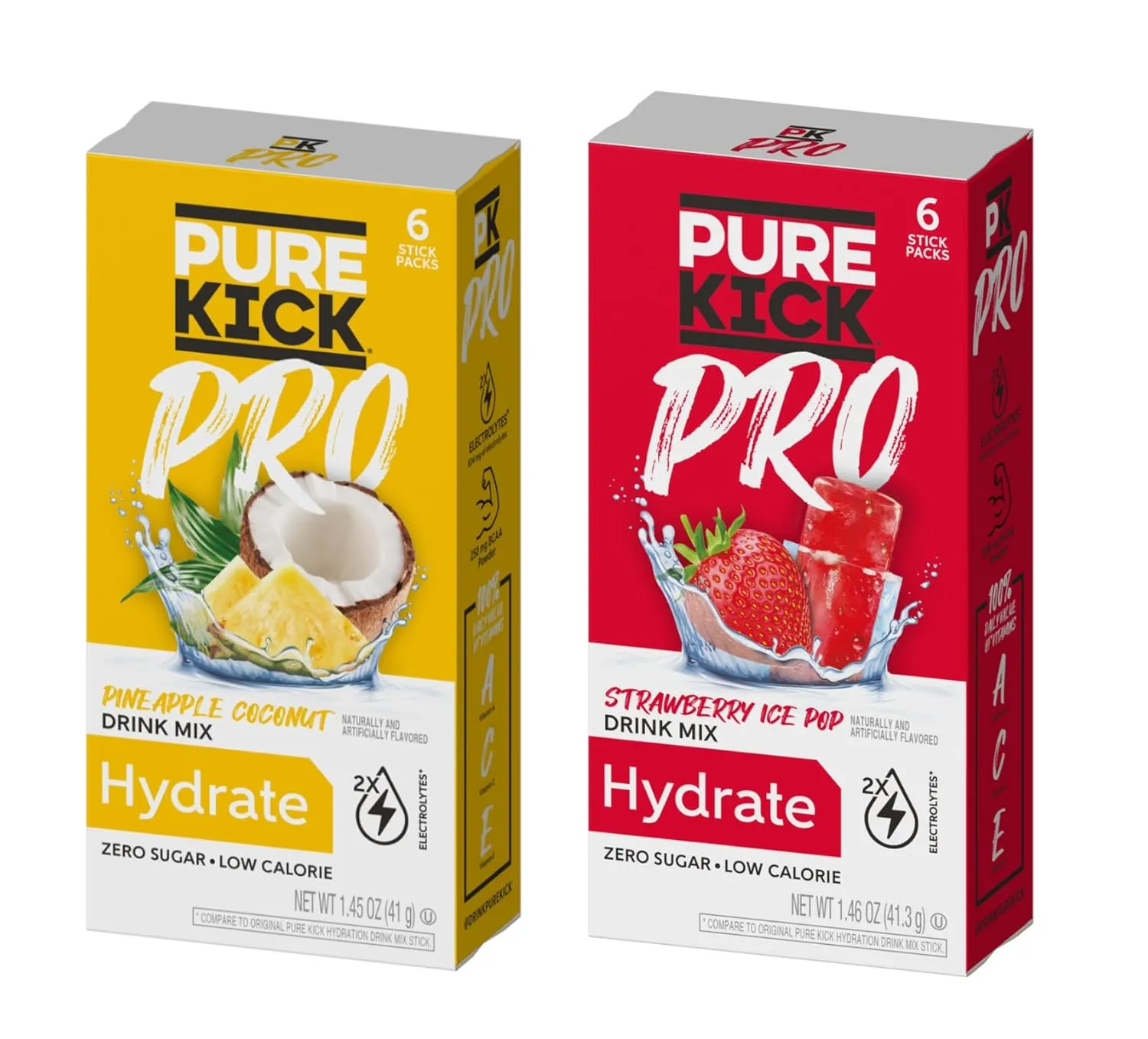 Pure Kick Pro Variety Pack - Strawberry Ice Pop and Pineapple Coconut Powdered Drink Mix - Pack of 2 - Zero Calorie - Low Sugar - Hydrate - 100% DV of Vitamins A, C, and E