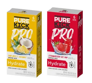 Pure Kick Pro Variety Pack - Strawberry Ice Pop and Pineapple Coconut Powdered Drink Mix - Pack of 2 - Zero Calorie - Low Sugar - Hydrate - 100% DV of Vitamins A, C, and E