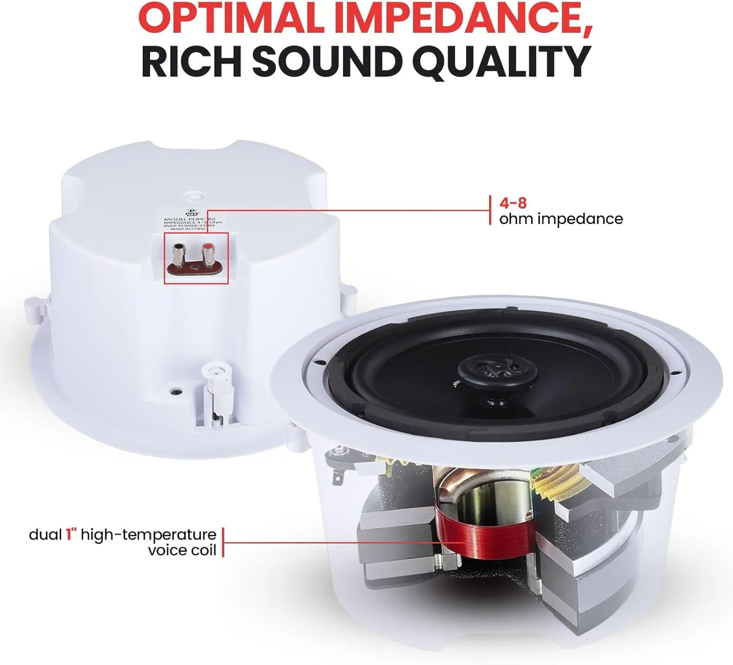 Pyle Ceiling Wall Mount Enclosed Speaker - 250 Watt Stereo In-wall / In-ceiling 8" Enclosed Full Range Mid-Bass Speaker System - 50Hz - 20kHz Frequency Response, 4-8 Ohm, Flush Mount - Pyle PDPC82 (Pair), 8.0'',White