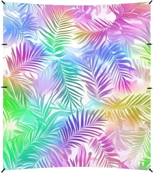 Rainbow Tropical Leaf Foldable Beach Tent UPF50 Water-Resistant Outdoor Sun Shade with Sandbags & Sand Shovel for Camping Trips, Fishing, Backyard Fun or Picnics