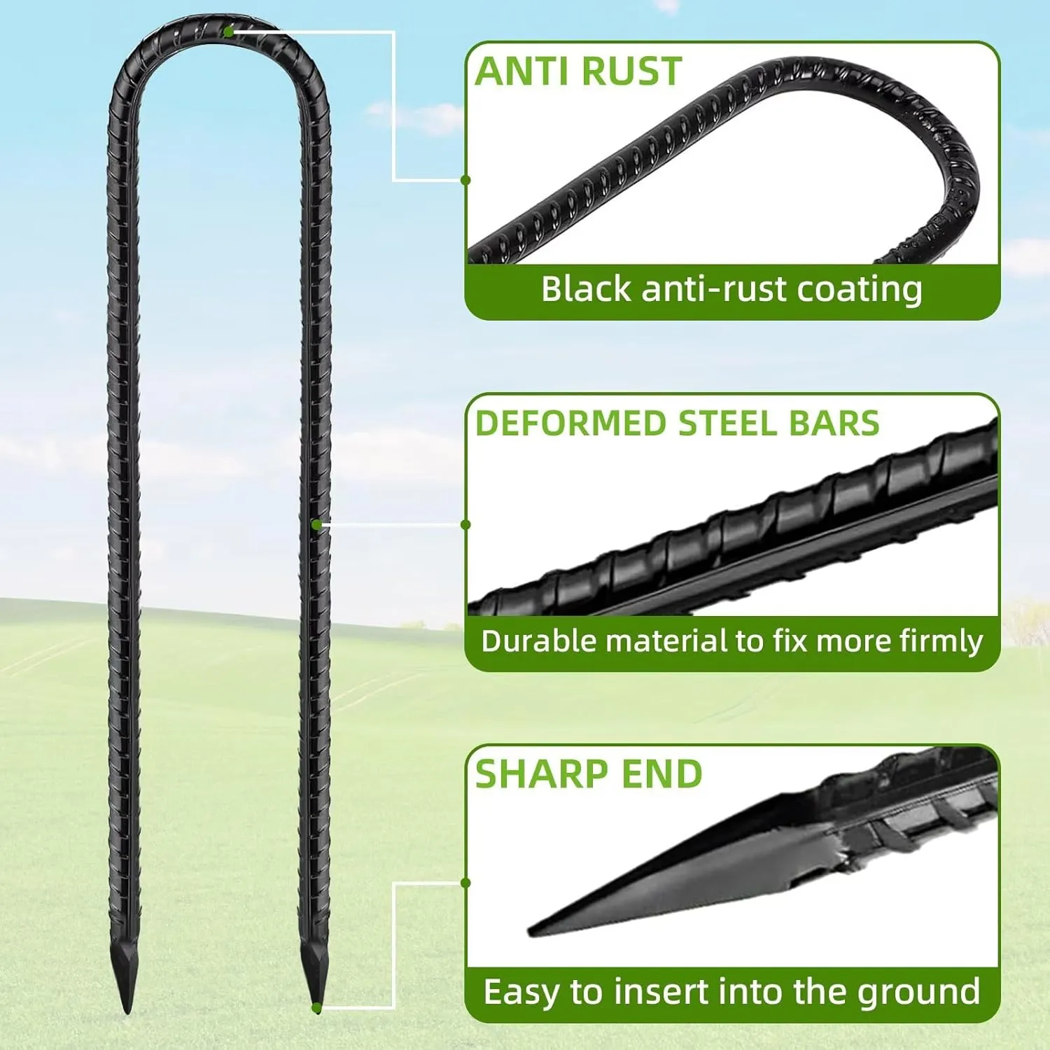 Rebar Stakes 12inch U Shaped,Trampoline Stakes High,8 Pack Feed Garden Ground Stakes Galvanized Steel Tent Stakes Heavy Duty Ground Anchors for Position Kits,Soccer Goals,Tarps and Yard Art