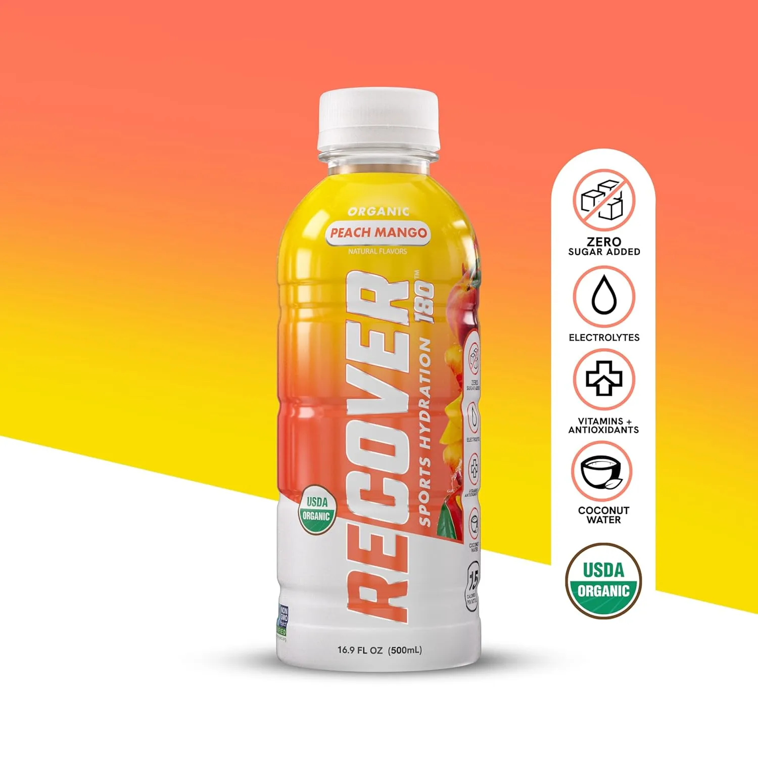RECOVER 180 Organic Sports Hydration Drink, No Sugar Added, 15 Calorie Sports Beverage, Organic Flavors With Vitamins, Potassium-Packed Electrolytes (16.9 Fl Oz (Pack of 12), Peach Mango)