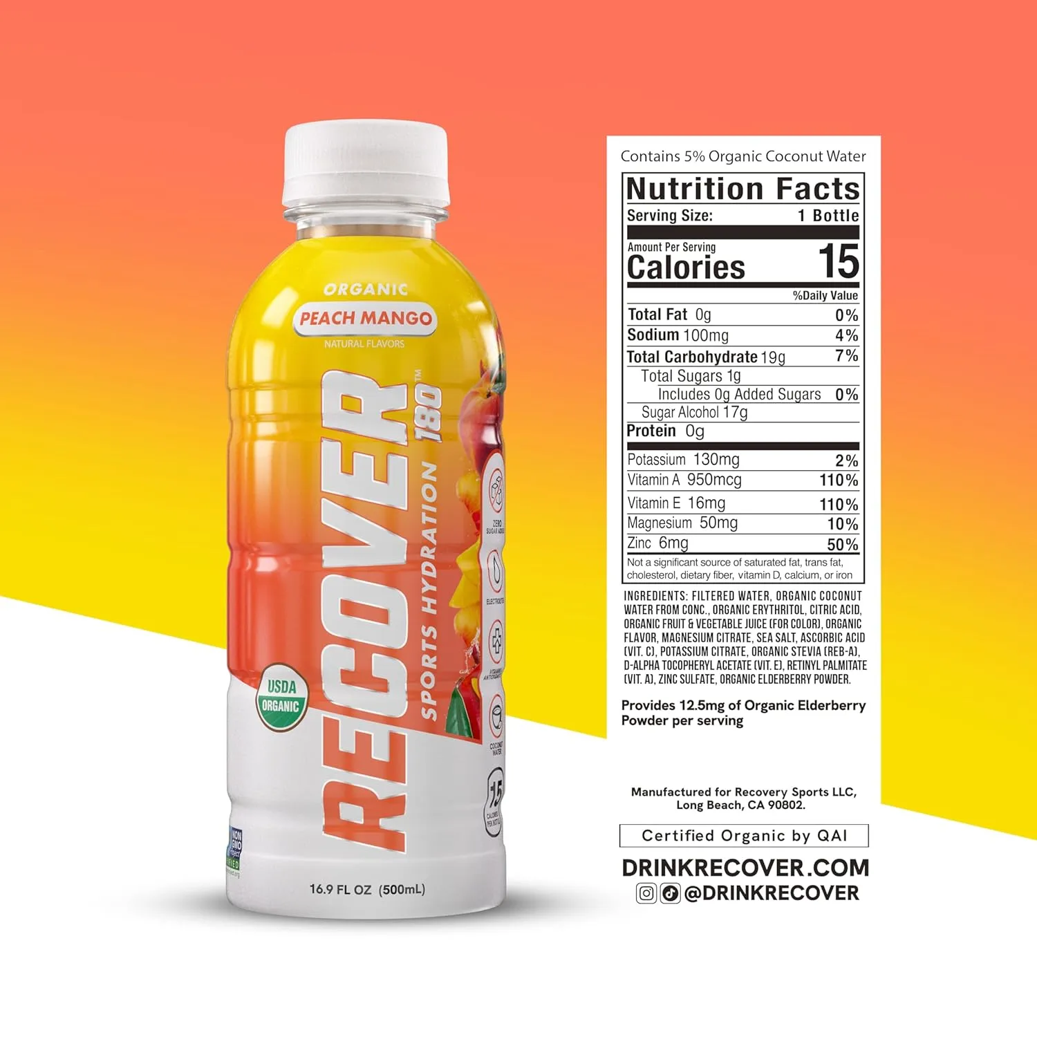 RECOVER 180 Organic Sports Hydration Drink, No Sugar Added, 15 Calorie Sports Beverage, Organic Flavors With Vitamins, Potassium-Packed Electrolytes (16.9 Fl Oz (Pack of 12), Peach Mango)