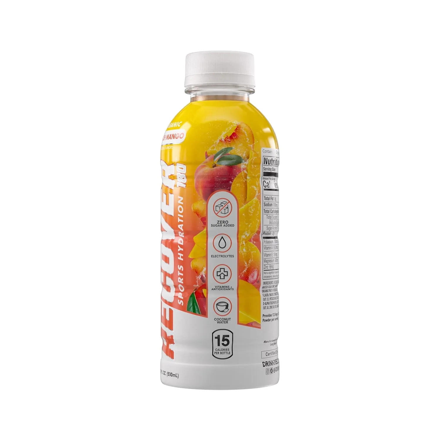 RECOVER 180 Organic Sports Hydration Drink, No Sugar Added, 15 Calorie Sports Beverage, Organic Flavors With Vitamins, Potassium-Packed Electrolytes (16.9 Fl Oz (Pack of 12), Peach Mango)