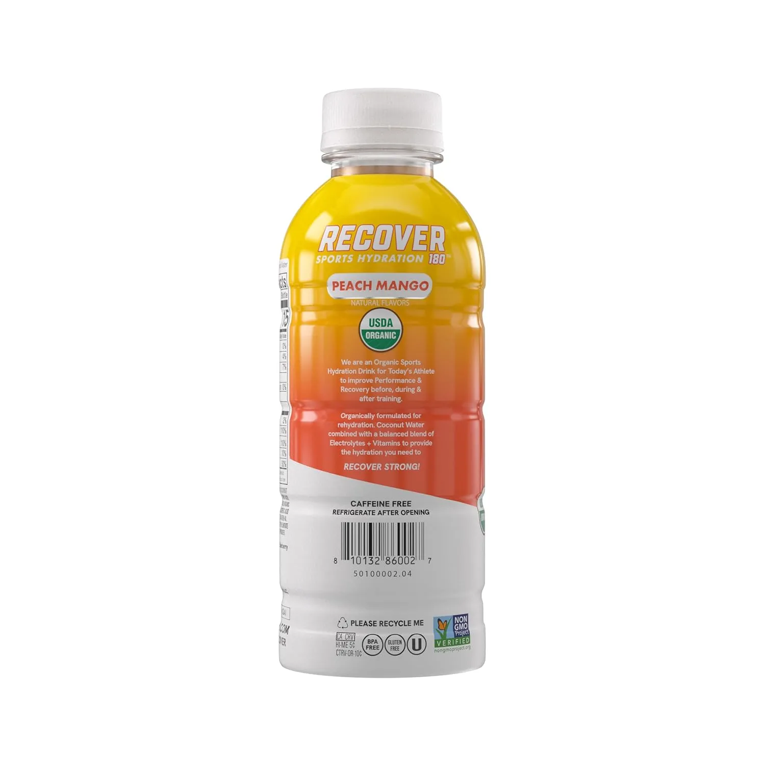 RECOVER 180 Organic Sports Hydration Drink, No Sugar Added, 15 Calorie Sports Beverage, Organic Flavors With Vitamins, Potassium-Packed Electrolytes (16.9 Fl Oz (Pack of 12), Peach Mango)