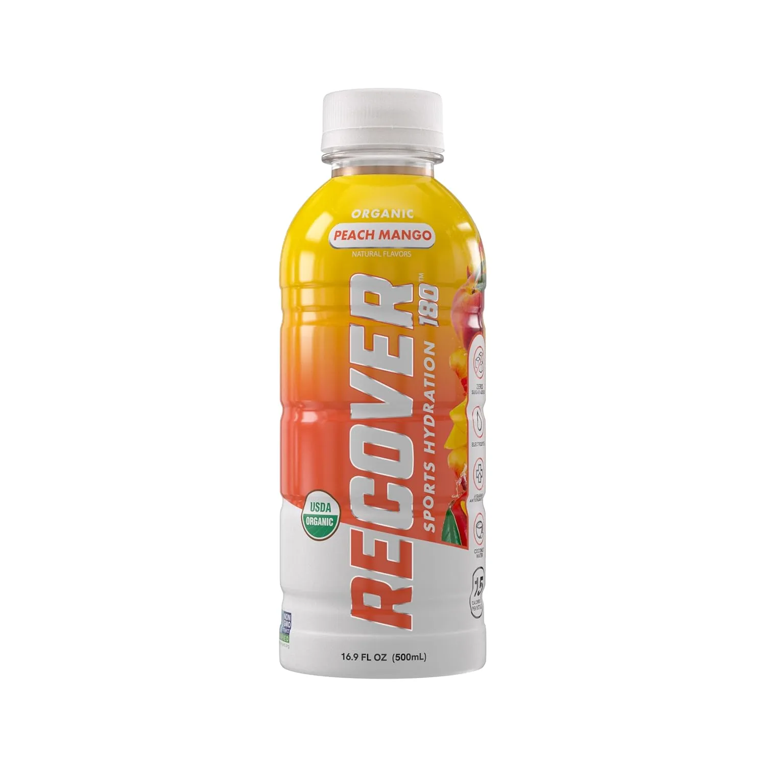 RECOVER 180 Organic Sports Hydration Drink, No Sugar Added, 15 Calorie Sports Beverage, Organic Flavors With Vitamins, Potassium-Packed Electrolytes (16.9 Fl Oz (Pack of 12), Peach Mango)