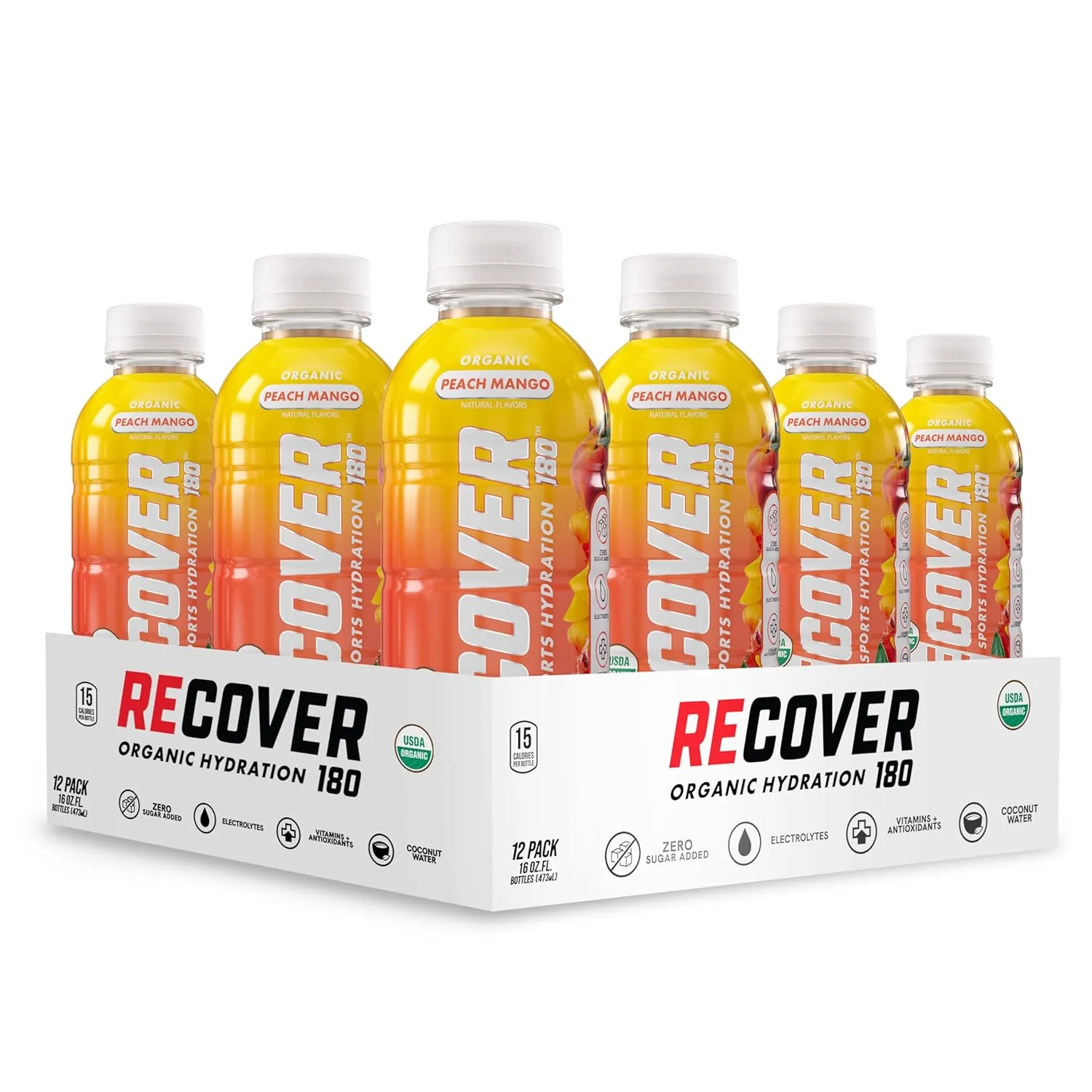 RECOVER 180 Organic Sports Hydration Drink, No Sugar Added, 15 Calorie Sports Beverage, Organic Flavors With Vitamins, Potassium-Packed Electrolytes (16.9 Fl Oz (Pack of 12), Peach Mango)