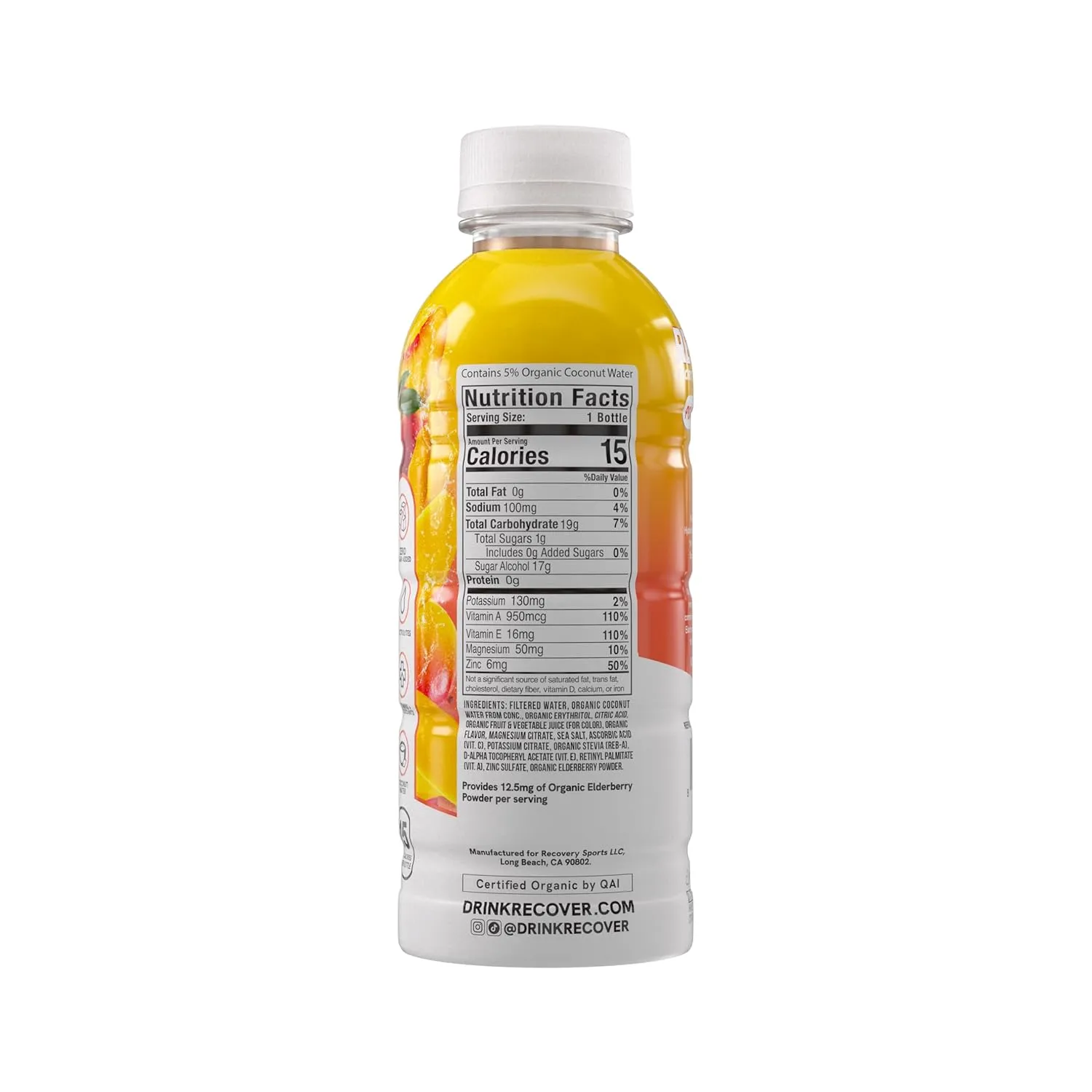 RECOVER 180 Organic Sports Hydration Drink, No Sugar Added, 15 Calorie Sports Beverage, Organic Flavors With Vitamins, Potassium-Packed Electrolytes (16.9 Fl Oz (Pack of 12), Peach Mango)