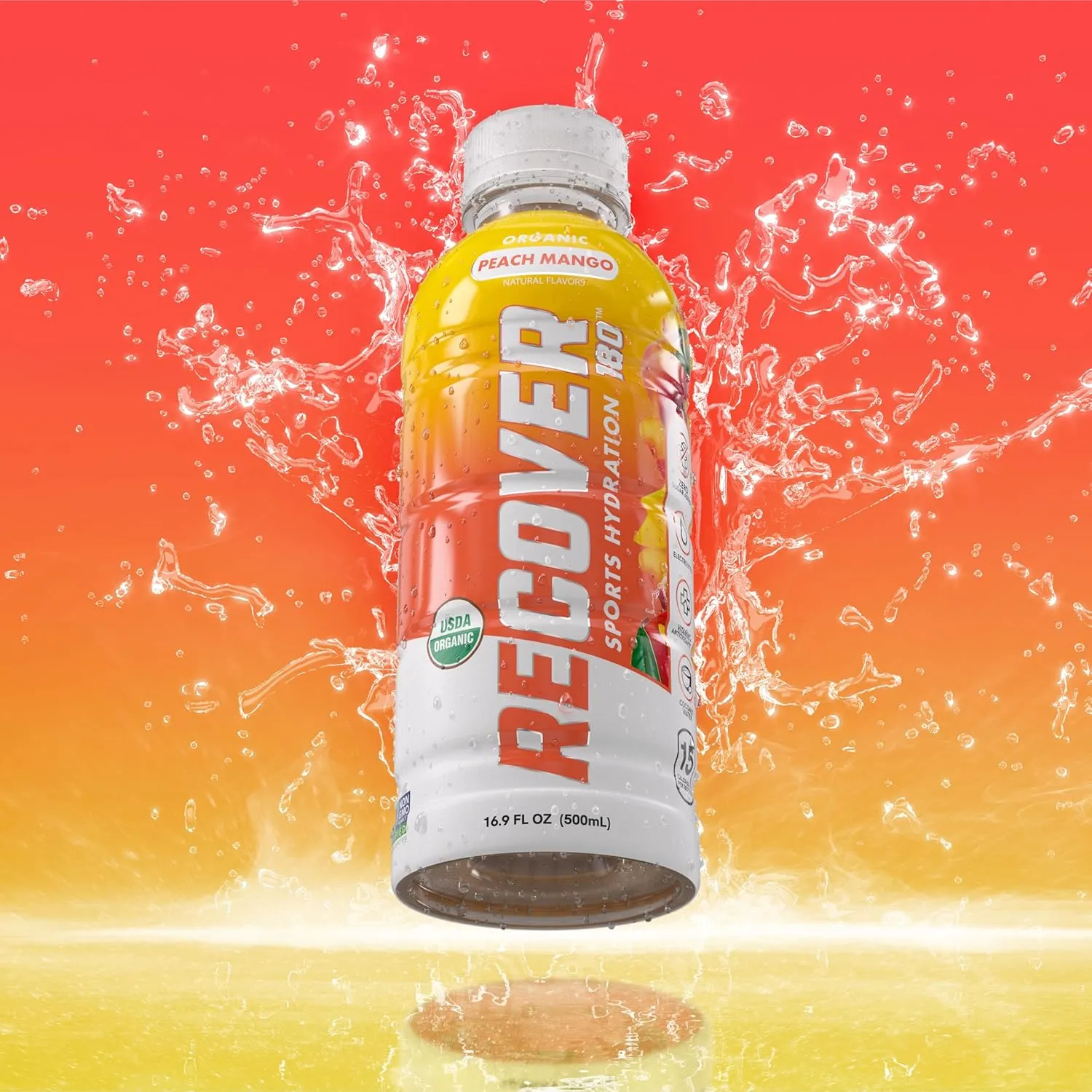 RECOVER 180 Organic Sports Hydration Drink, No Sugar Added, 15 Calorie Sports Beverage, Organic Flavors With Vitamins, Potassium-Packed Electrolytes (16.9 Fl Oz (Pack of 12), Peach Mango)