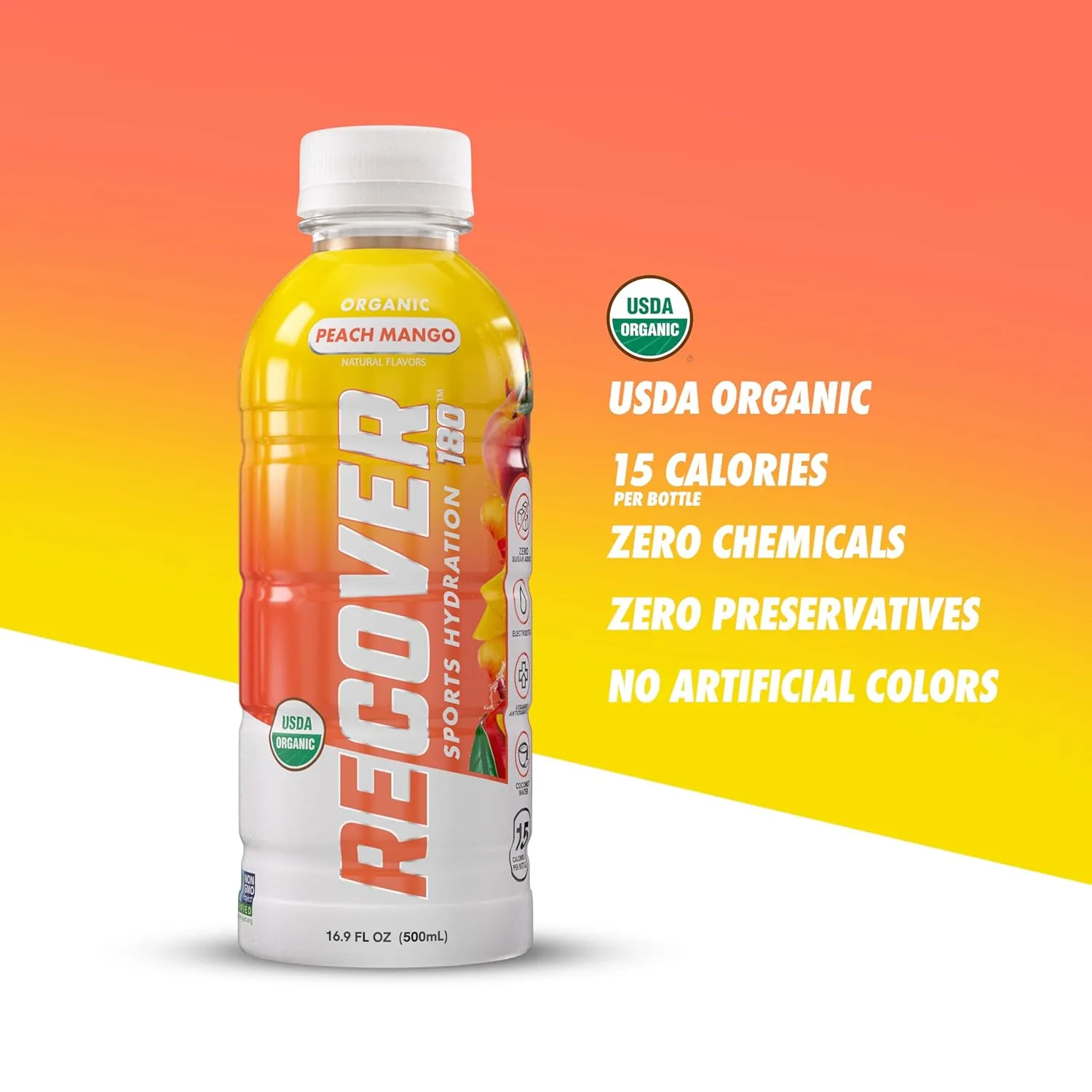 RECOVER 180 Organic Sports Hydration Drink, No Sugar Added, 15 Calorie Sports Beverage, Organic Flavors With Vitamins, Potassium-Packed Electrolytes (16.9 Fl Oz (Pack of 12), Peach Mango)