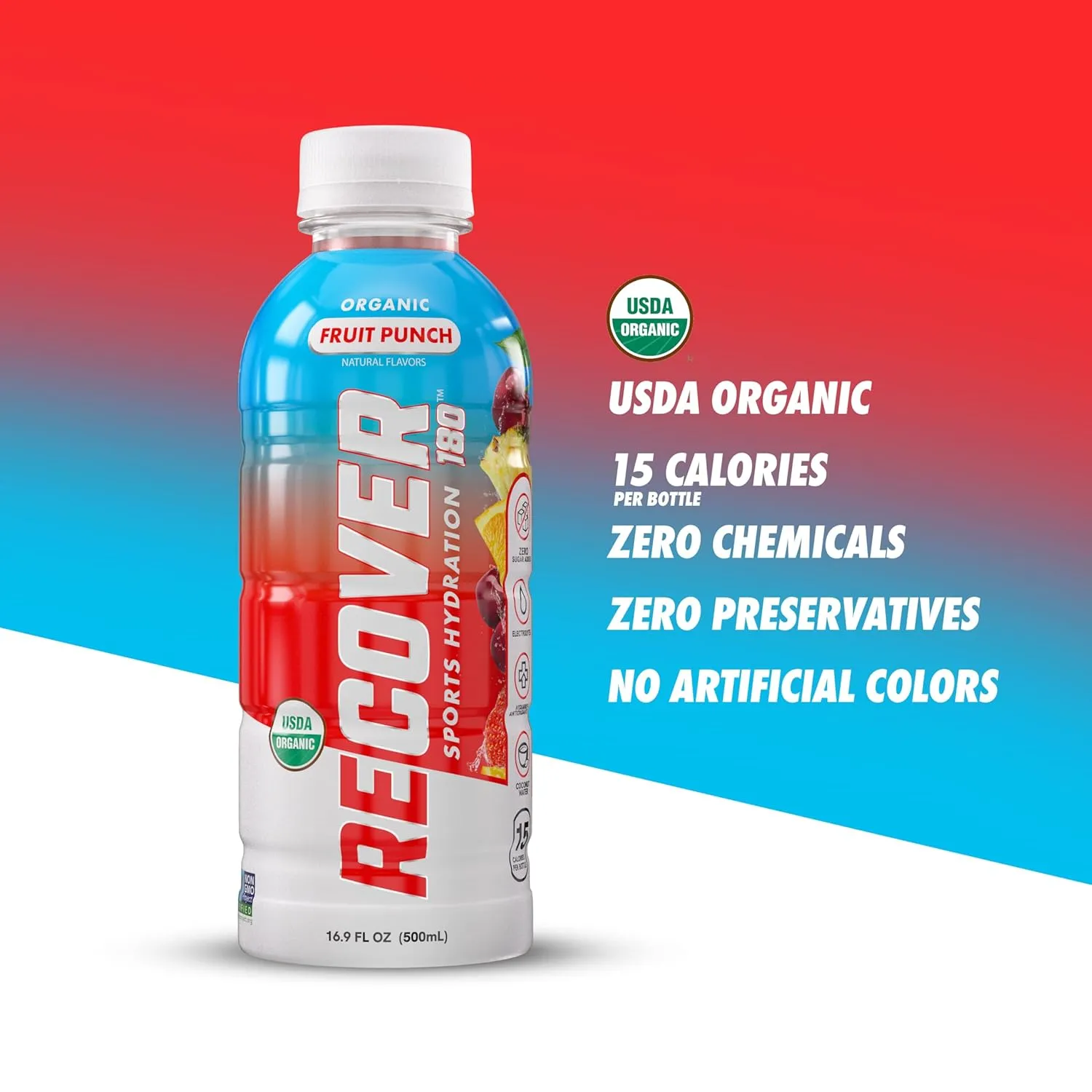 RECOVER 180 Organic Sports Hydration Drink, No Sugar Added, 15 Calorie Sports Beverage, Organic Flavors With Vitamins, Potassium-Packed Electrolytes (16.9 Fl Oz (Pack of 12), Variety Pack)