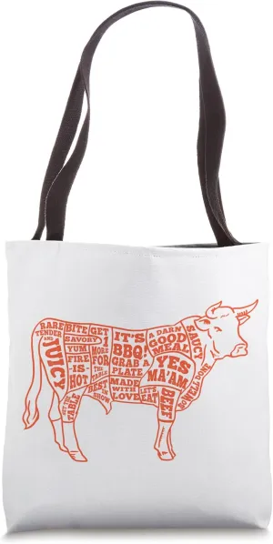 Red Cow With Fun Beef & BBQ Meat Eating Phrases & Text Tote Bag