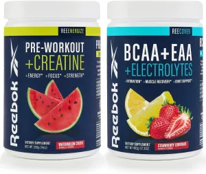 Reebok ReeEnergize & ReeCover Bundle | Pre-Workout   BCAA Recovery System | Watermelon Crush & Strawberry Lemonade | Train & Recover Pack