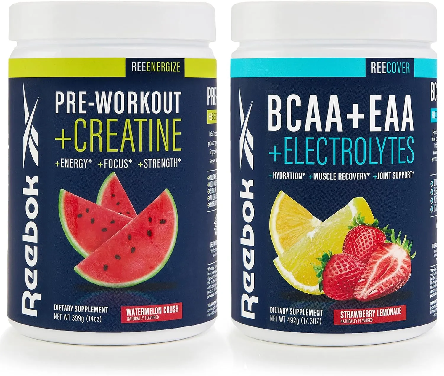 Reebok ReeEnergize & ReeCover Bundle | Pre-Workout   BCAA Recovery System | Watermelon Crush & Strawberry Lemonade | Train & Recover Pack