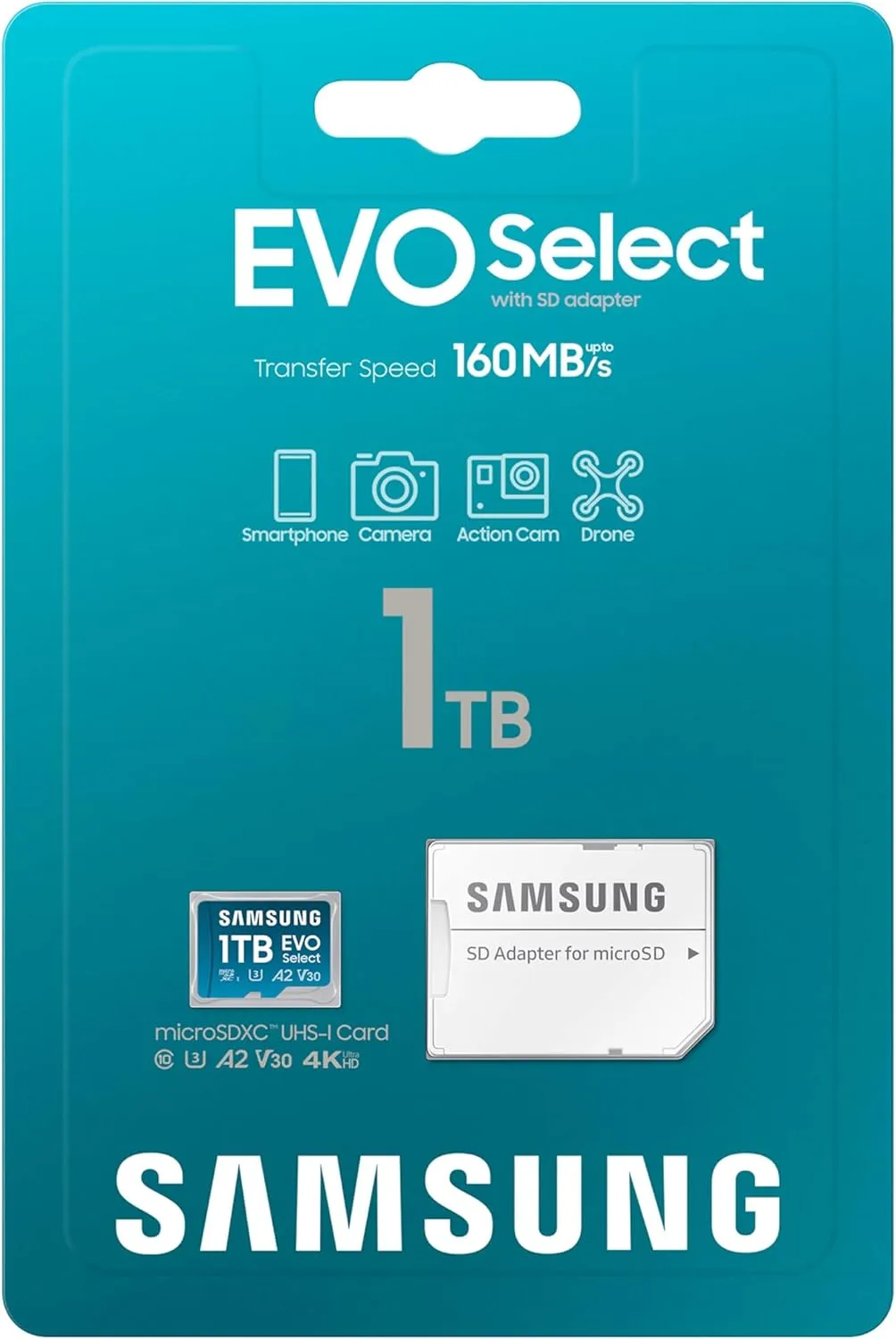 SAMSUNG EVO Select microSDMemory Card   Adapter, 1TB microSDXC, Up-to 160 MB/s, 4K UHD, UHS-I, C10, U3, V30, A2, for Mobile Phone, Smartphones, Nintendo-Switch, and Tablets (MB-ME1T0SA/AM)