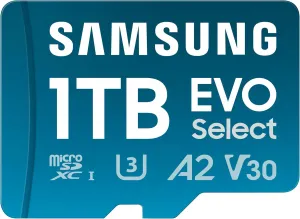 SAMSUNG EVO Select microSDMemory Card   Adapter, 1TB microSDXC, Up-to 160 MB/s, 4K UHD, UHS-I, C10, U3, V30, A2, for Mobile Phone, Smartphones, Nintendo-Switch, and Tablets (MB-ME1T0SA/AM)