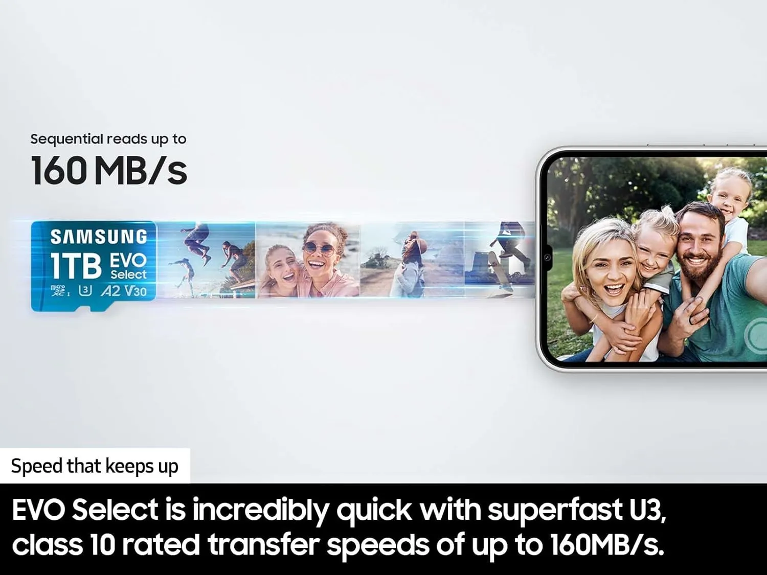 SAMSUNG EVO Select microSDMemory Card   Adapter, 256GB microSDXC, Up-to 160 MB/s, 4K UHD, UHS-I, C10, U3, V30, A2, for Mobile Phone, Smartphones, Nintendo-Switch, and Tablets (MB-ME256SA/AM)