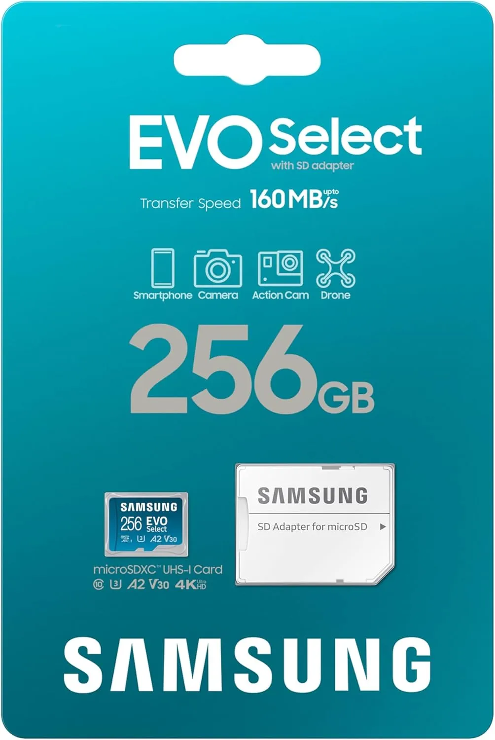 SAMSUNG EVO Select microSDMemory Card   Adapter, 256GB microSDXC, Up-to 160 MB/s, 4K UHD, UHS-I, C10, U3, V30, A2, for Mobile Phone, Smartphones, Nintendo-Switch, and Tablets (MB-ME256SA/AM)