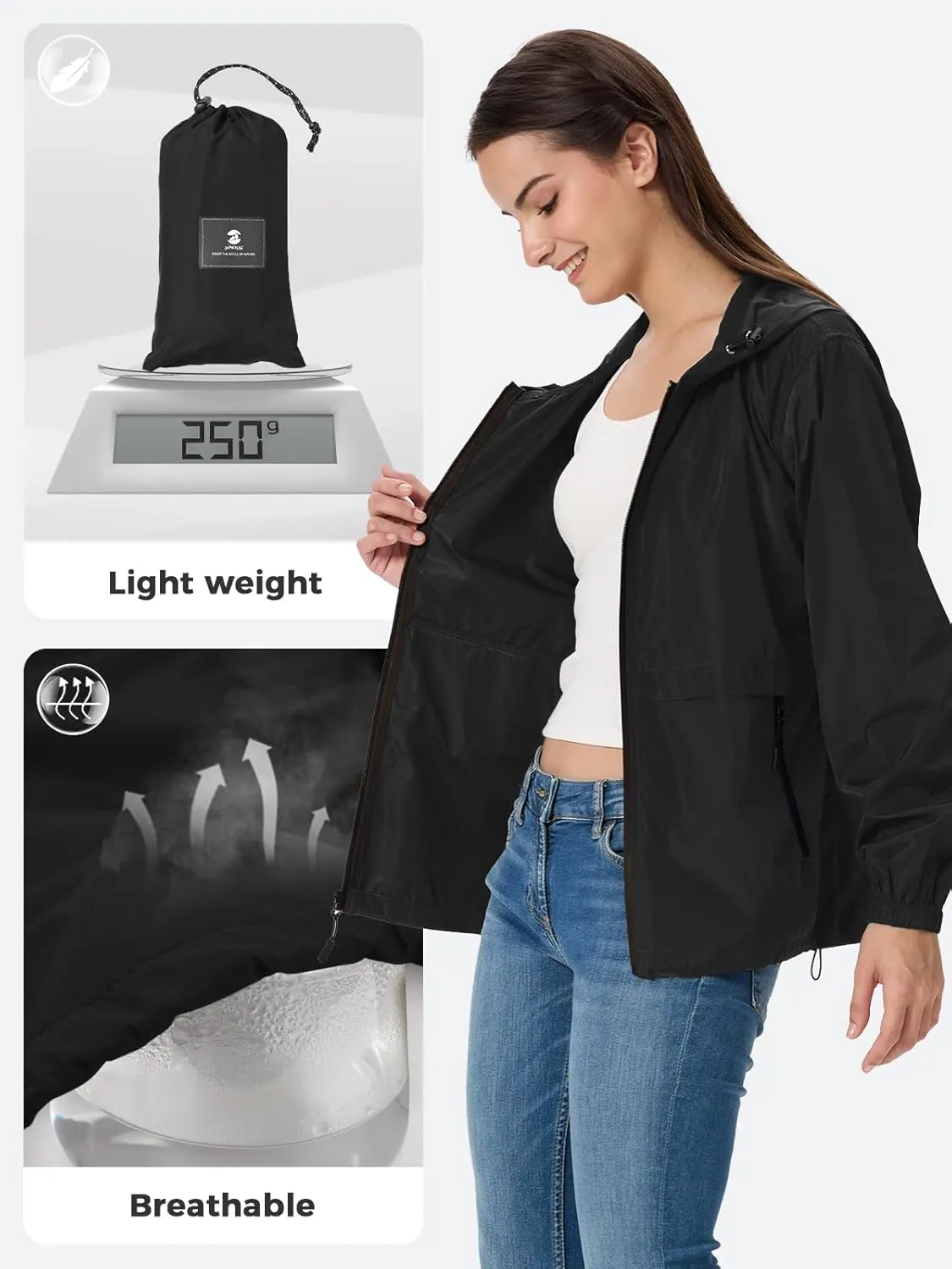 SaphiRose Lightweight Rain Jacket Women Waterproof Breathable Raincoat Packable Hooded Windbreaker