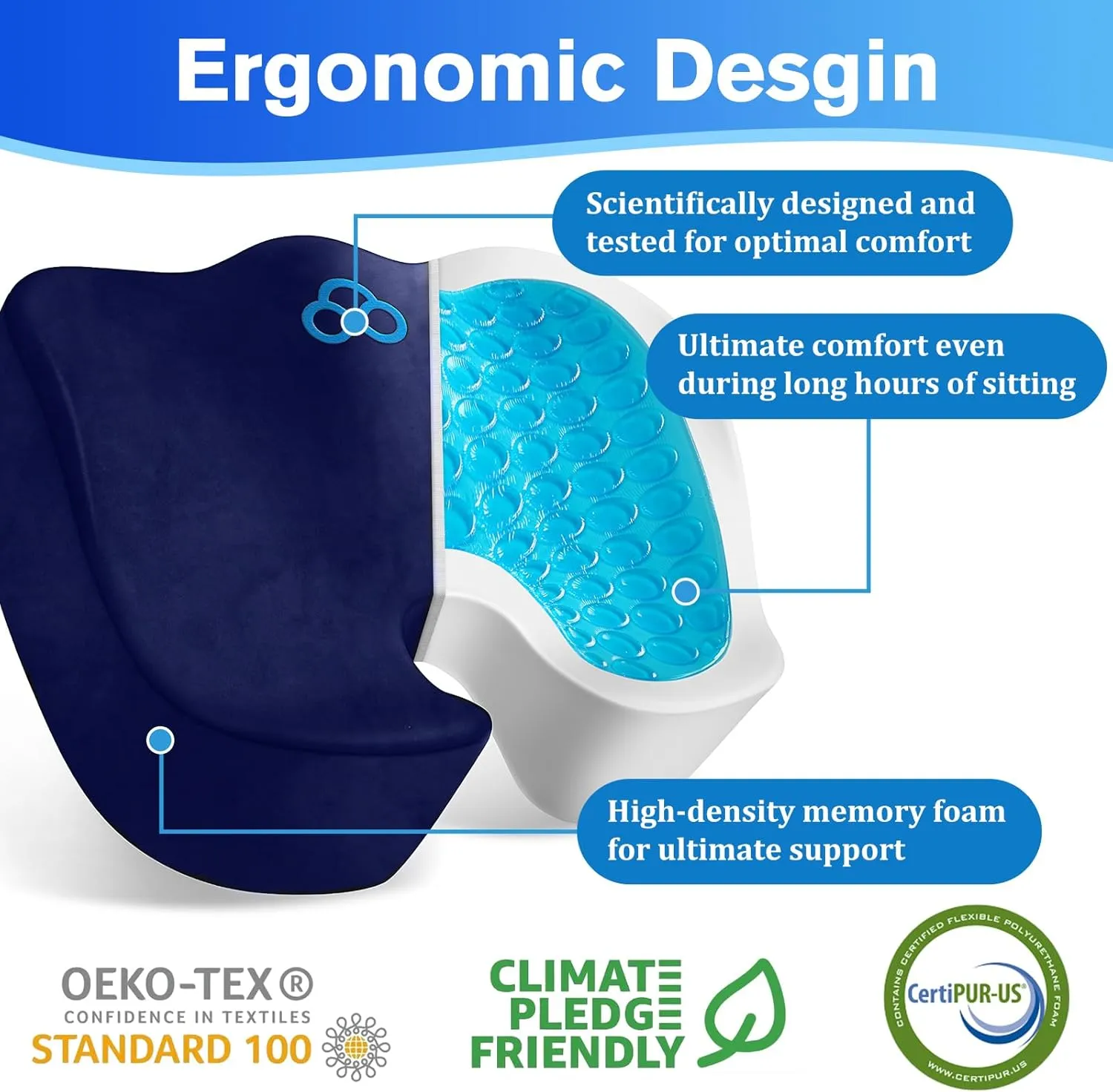 Seat Cushion, Gel Chair Cushions, Office Chair Cushions, Anti-Slip Bottom & Removable Cover Tailbone Pain Relief Cushion, Memory Foam Seat Cushion, 5.28 in Thick (Blue)