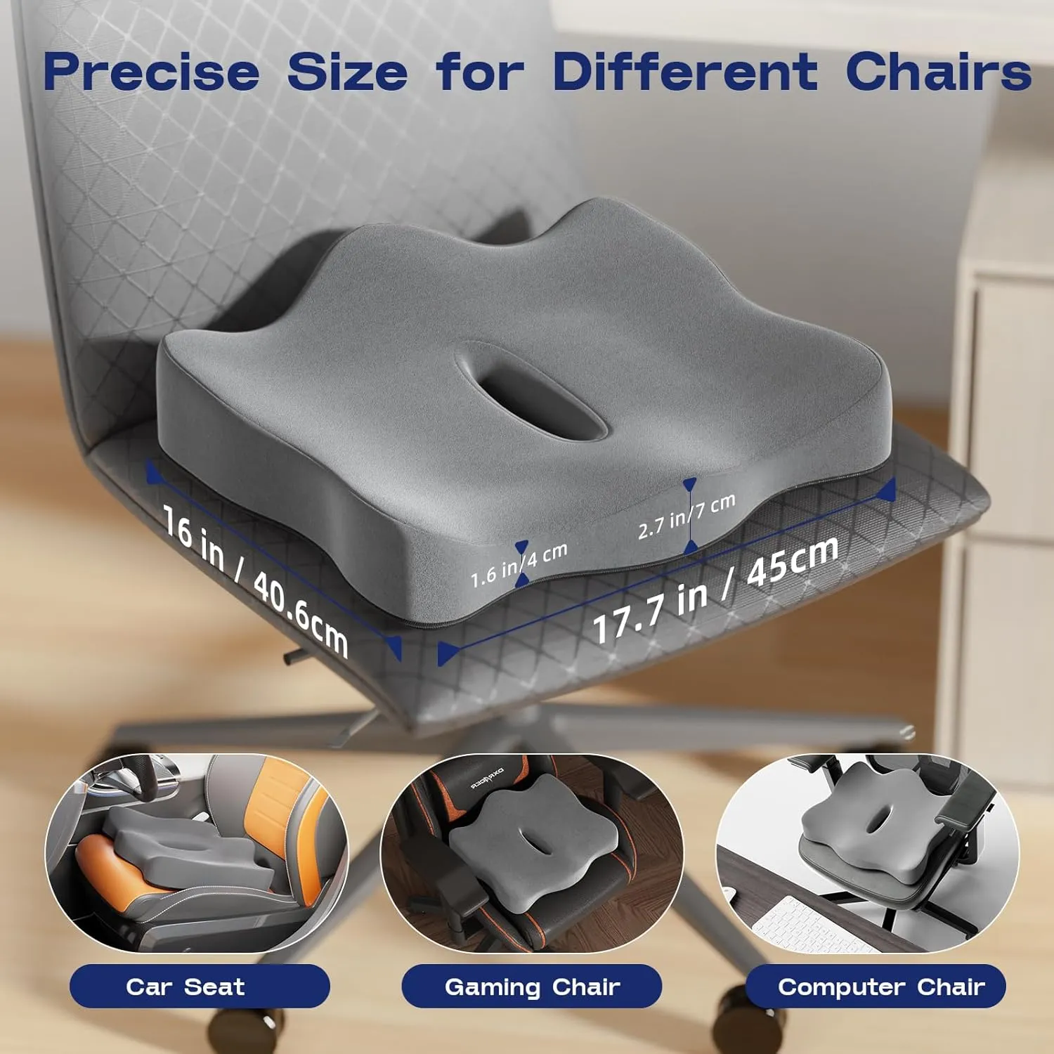 Seat Cushions for Office Chairs - Portable Memory Foam Chair Cushion for Car Seat Airplane with Travel Storage Bag, 17.7x16 Inches (Dark Grey)